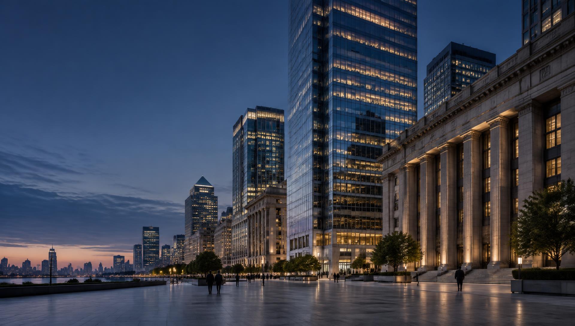 Architecture in a global financial district at dusk